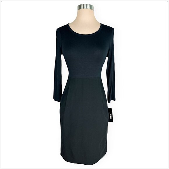 DKNY Donna Karan Black Mixed Fabric Knit Wool Blend 3/4 Sleeve Dress NWT NEW 4 - Picture 1 of 4